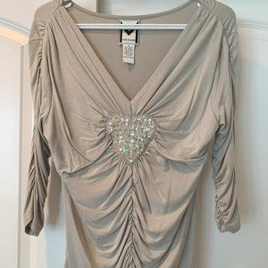 Marc Bouwer Ruched Sequin Heart Knit Top Gray Size M